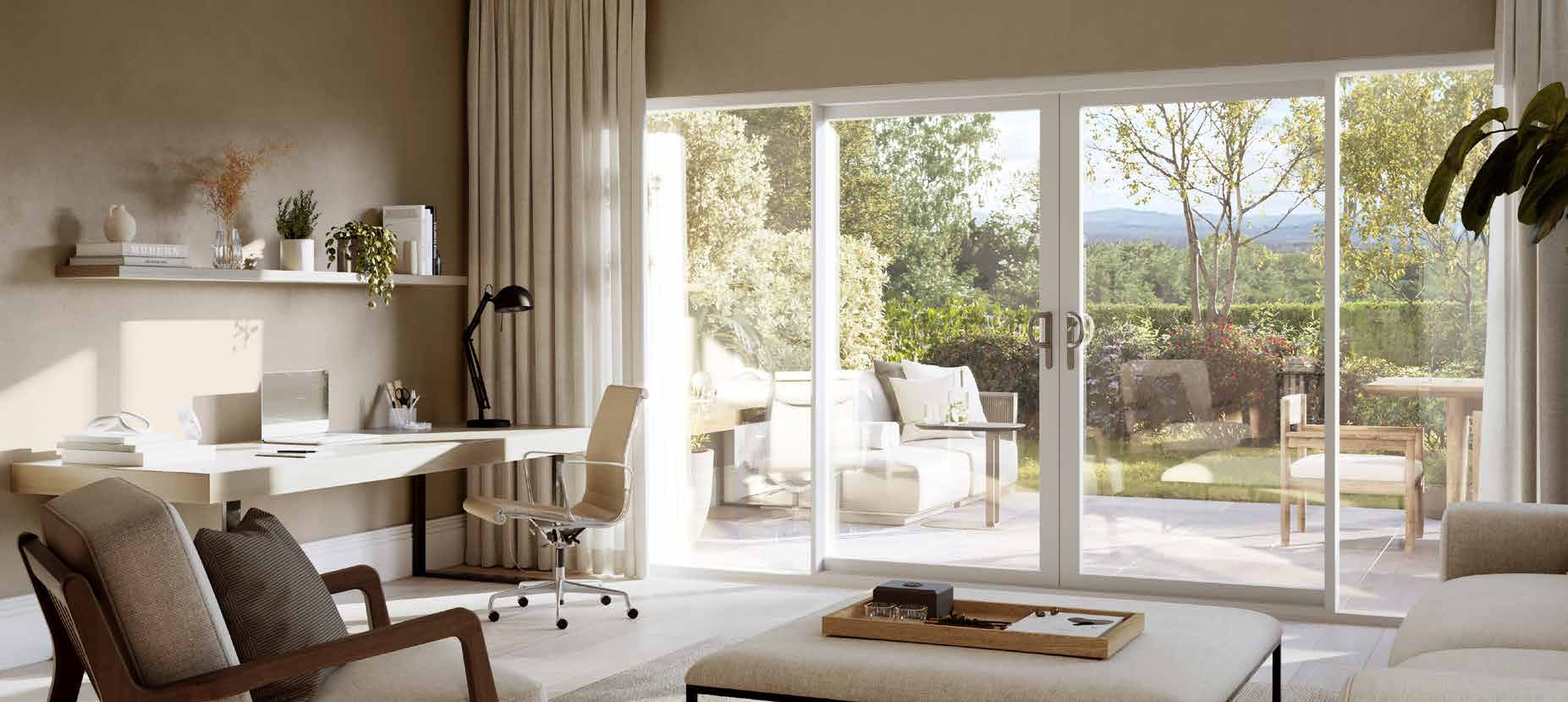 Sunlit living room with white aluminium inline sliding doors
